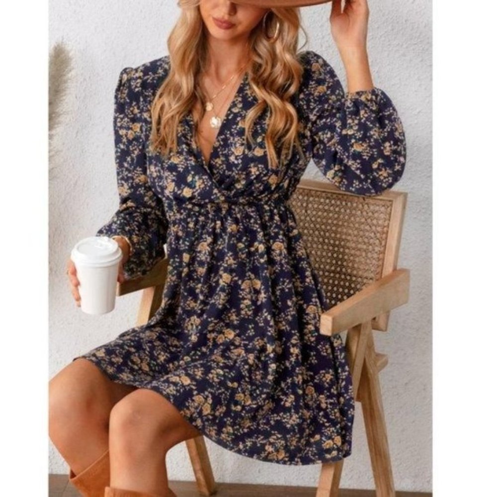 61) NWT Blue Golden Ditsy Floral Print Peasant Long Sleeve Mini Dress Boho - Picture 2 of 3